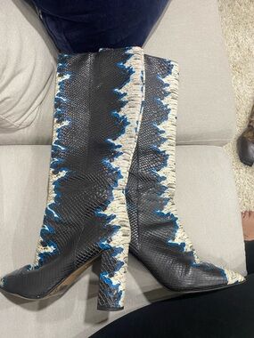 Gianni Bini Black Snake-Texture Knee Boots with Blue and Cream Trim